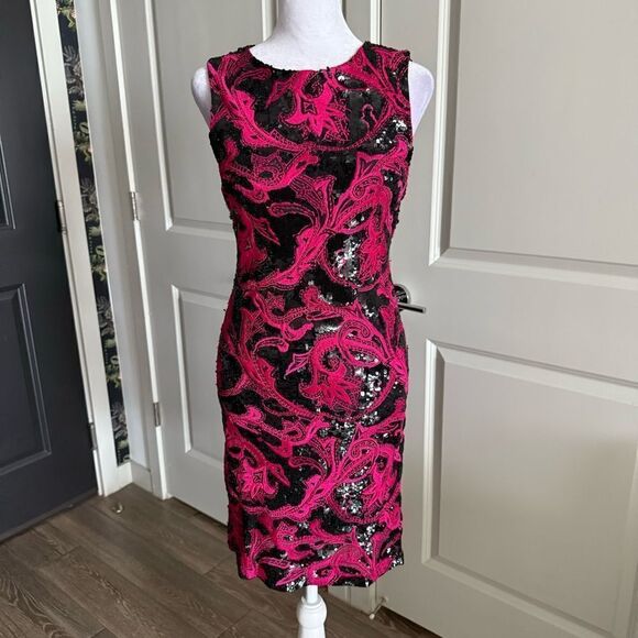 NWT Alice + Olivia Black and Fuchsia Lace and Sequins Cocktail Dress Size 10 - Picture 1 of 10